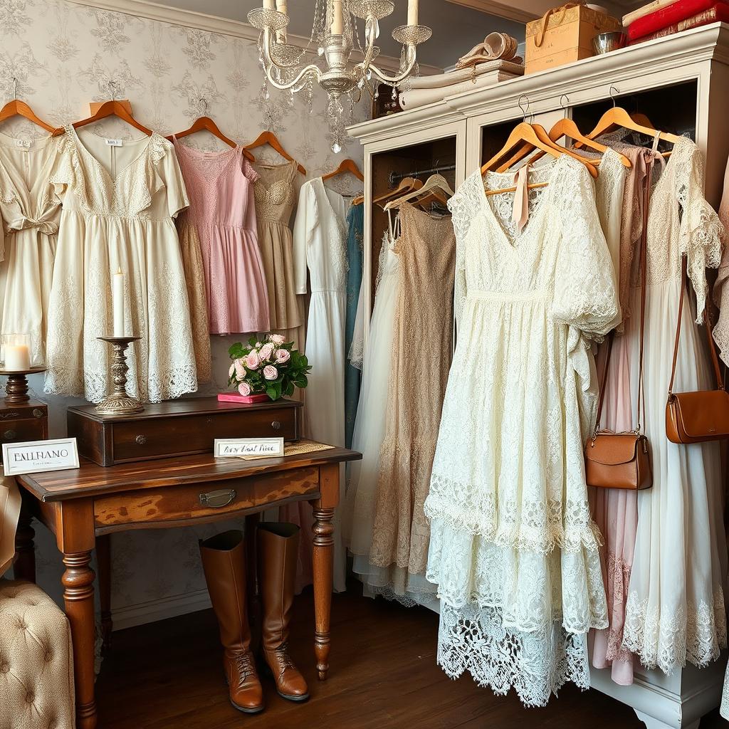 A beautifully arranged vintage thrift shop aesthetic featuring numerous lace dresses and Victorian-style vintage tops