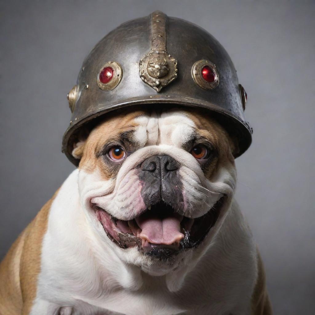 A frightening bulldog with ember eyes, snarling teeth, adorned with an imposing war helmet.