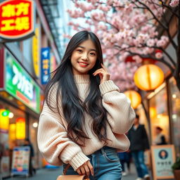 A cheerful and fashionable Korean girl, age 16, styled with contemporary Korean fashion