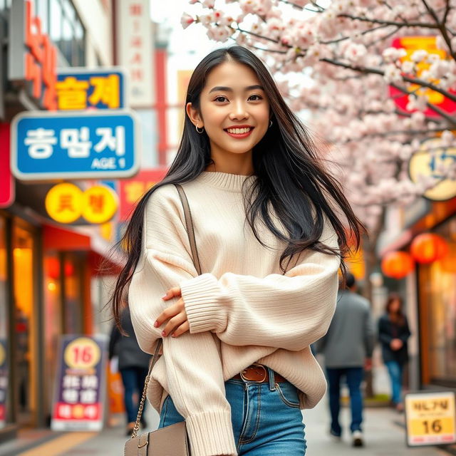 A cheerful and fashionable Korean girl, age 16, styled with contemporary Korean fashion