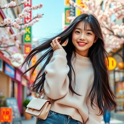 A cheerful and fashionable Korean girl, age 16, styled with contemporary Korean fashion