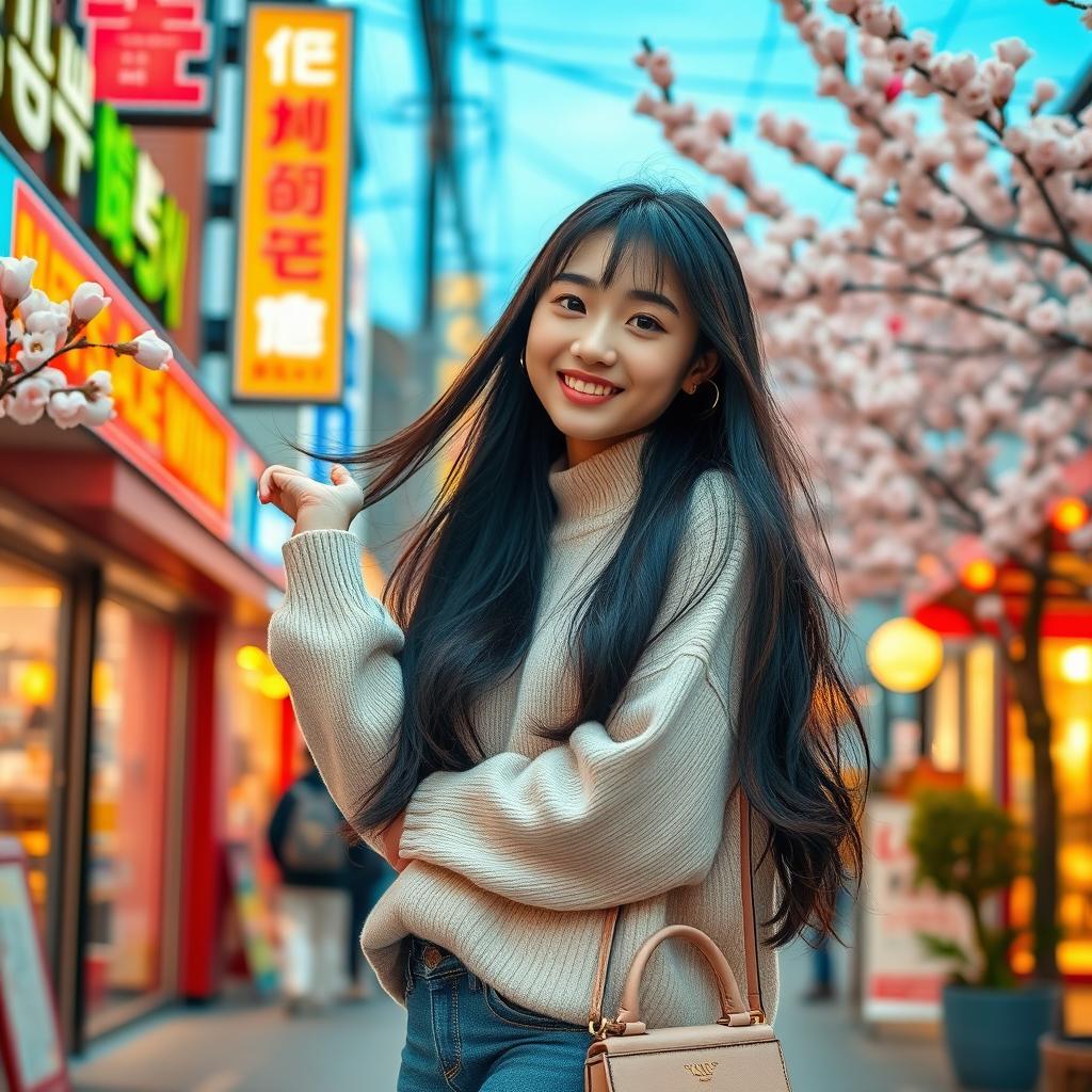 A cheerful and fashionable Korean girl, age 16, styled with contemporary Korean fashion