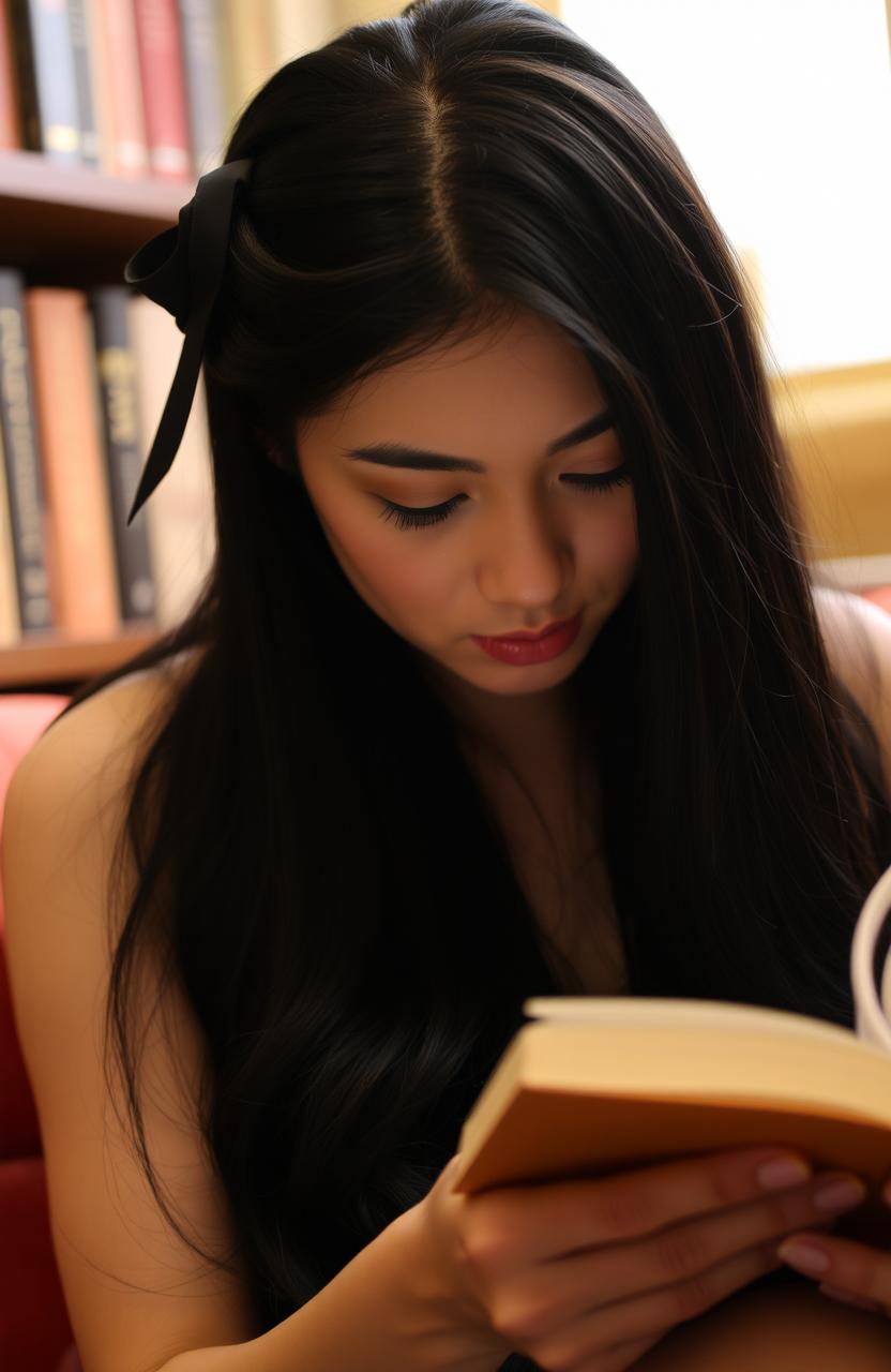 A woman with long black hair elegantly styled with a ribbon, deeply engrossed in reading a book