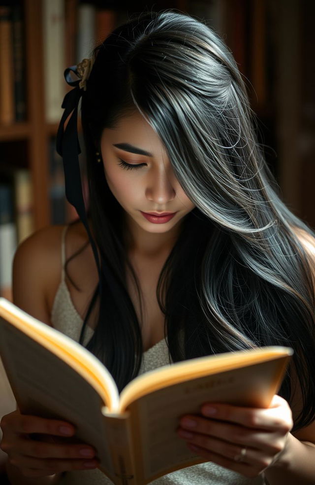 A woman with long black hair elegantly styled with a ribbon, deeply engrossed in reading a book