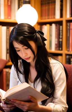 A woman with long black hair elegantly styled with a ribbon, deeply engrossed in reading a book