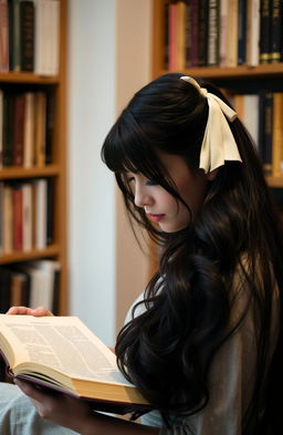 A woman with long black hair elegantly styled with a ribbon, deeply engrossed in reading a book