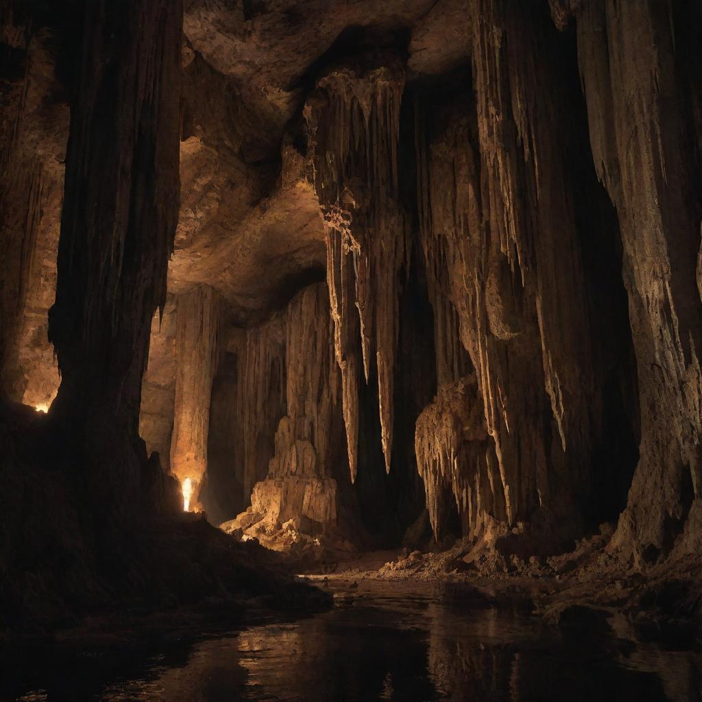 A mystical cavernous landscape, with towering stalactites and stalagmites, creating a surreal atmosphere. The walls glisten in the faint torchlight, revealing intricate textures of centuries-old rock, while the drip-drip echoes of solitude resonate.