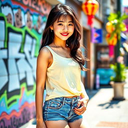 A stylish 16-year-old Korean girl wearing a trendy tank top and fashionable denim shorts that highlight her youthful style