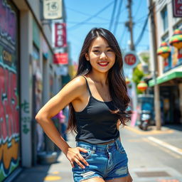 A stylish 16-year-old Korean girl wearing a trendy tank top and fashionable denim shorts that highlight her youthful style