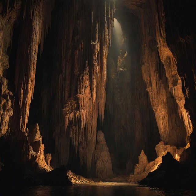 A mystical cavernous landscape, with towering stalactites and stalagmites, creating a surreal atmosphere. The walls glisten in the faint torchlight, revealing intricate textures of centuries-old rock, while the drip-drip echoes of solitude resonate.