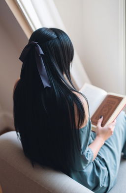 A woman with straight, long black hair styled with a beautiful ribbon, sitting comfortably while reading a book