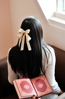 A woman with straight, long black hair styled with a beautiful ribbon, sitting comfortably while reading a book