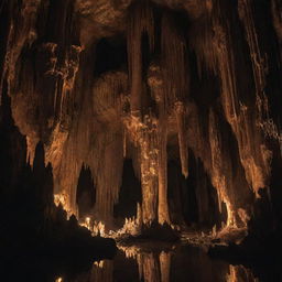 A mystical cavernous landscape, with towering stalactites and stalagmites, creating a surreal atmosphere. The walls glisten in the faint torchlight, revealing intricate textures of centuries-old rock, while the drip-drip echoes of solitude resonate.