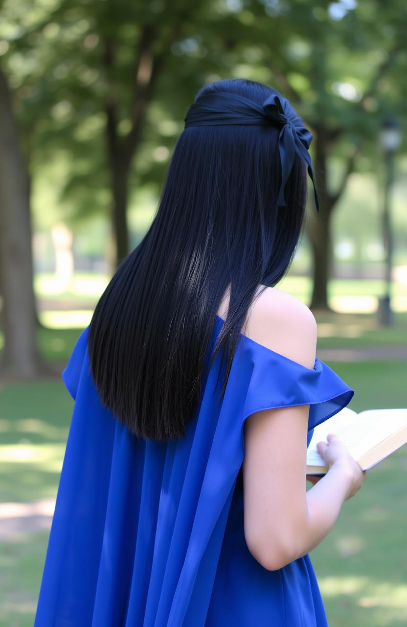 A woman with straight, long black hair styled with a ribbon, wearing a flowing blue dress, seen from the back while she is deeply engrossed in reading a book