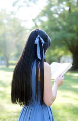 A woman with straight, long black hair styled with a ribbon, wearing a flowing blue dress, seen from the back while she is deeply engrossed in reading a book