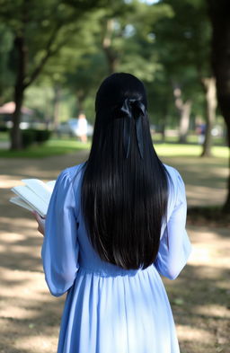 A woman with straight, long black hair styled with a ribbon, wearing a flowing blue dress, seen from the back while she is deeply engrossed in reading a book