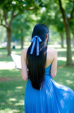 A woman with straight, long black hair styled with a ribbon, wearing a flowing blue dress, seen from the back while she is deeply engrossed in reading a book