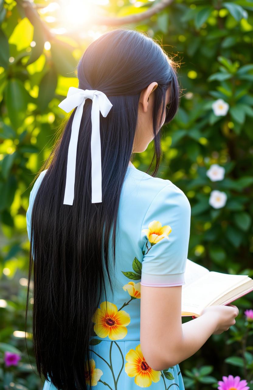 A woman with straight, long black hair styled with a ribbon, wearing a beautiful sky blue flower-patterned dress, is seen from behind, reading a book in a lush garden setting