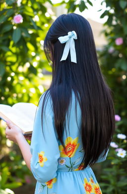 A woman with straight, long black hair styled with a ribbon, wearing a beautiful sky blue flower-patterned dress, is seen from behind, reading a book in a lush garden setting