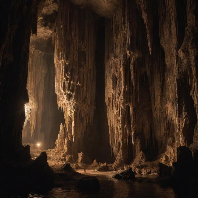 A mystical cavernous landscape, with towering stalactites and stalagmites, creating a surreal atmosphere. The walls glisten in the faint torchlight, revealing intricate textures of centuries-old rock, while the drip-drip echoes of solitude resonate.