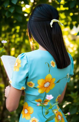 A woman with straight, long black hair styled with a ribbon, wearing a beautiful sky blue flower-patterned dress, is seen from behind, reading a book in a lush garden setting