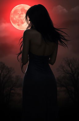 The back view of a seductive female vampire with long, flowing hair, standing under a blood moon illuminating her silhouette