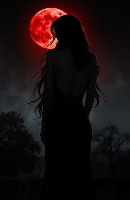 The back view of a seductive female vampire with long, flowing hair, standing under a blood moon illuminating her silhouette