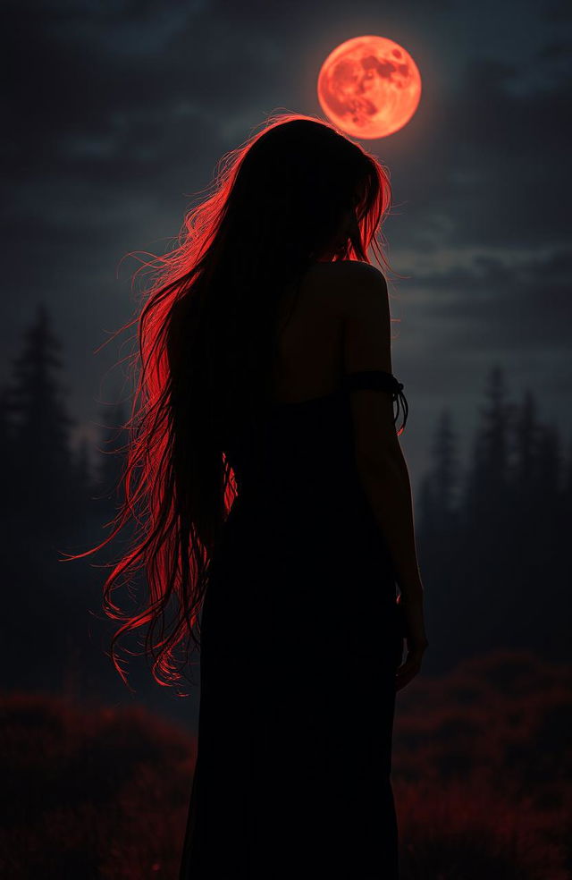 The back view of a seductive female vampire with long, flowing hair, standing under a blood moon illuminating her silhouette