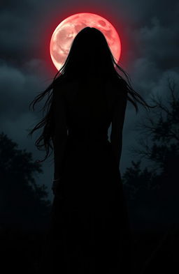 The back view of a seductive female vampire with long, flowing hair, standing under a blood moon illuminating her silhouette