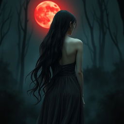 The back view of a mesmerizing female vampire, her long, dark hair cascading gracefully down her back, highlighted by the eerie glow of a blood moon in the night sky