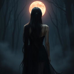 The back view of a mesmerizing female vampire, her long, dark hair cascading gracefully down her back, highlighted by the eerie glow of a blood moon in the night sky