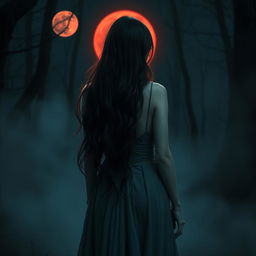 The back view of a mesmerizing female vampire, her long, dark hair cascading gracefully down her back, highlighted by the eerie glow of a blood moon in the night sky