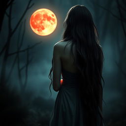 The back view of a mesmerizing female vampire, her long, dark hair cascading gracefully down her back, highlighted by the eerie glow of a blood moon in the night sky