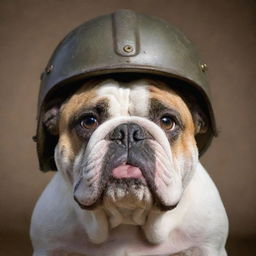 A ferocious bulldog wearing a World War II helmet, with a deep sense of intensity in its eyes.