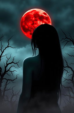 A captivating scene featuring the back of a female vampire, her long, flowing black hair cascading down her back