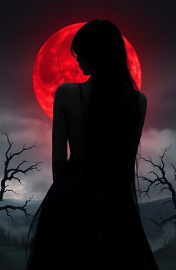 A captivating scene featuring the back of a female vampire, her long, flowing black hair cascading down her back