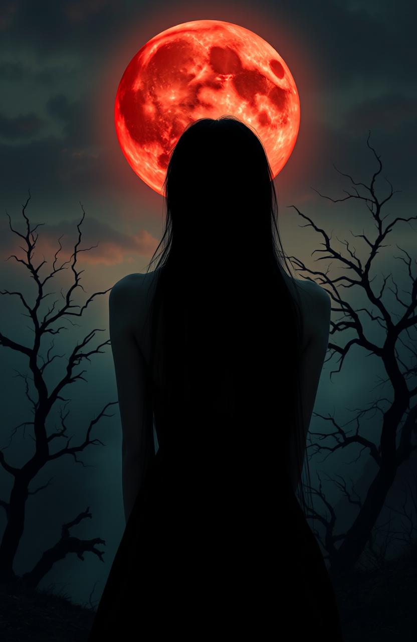 A captivating scene featuring the back of a female vampire, her long, flowing black hair cascading down her back