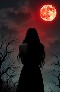 A captivating scene featuring the back of a female vampire, her long, flowing black hair cascading down her back