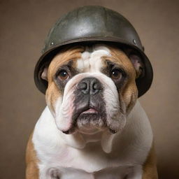 A ferocious bulldog wearing a World War II helmet, with a deep sense of intensity in its eyes.