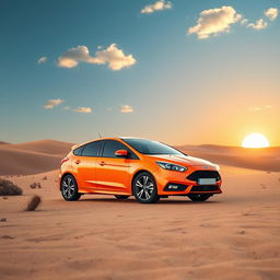 A Ford Focus Mk2 parked in a vast, golden desert landscape