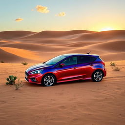 A Ford Focus Mk2 parked in a vast, golden desert landscape