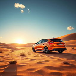 A Ford Focus Mk2 parked in a vast, golden desert landscape