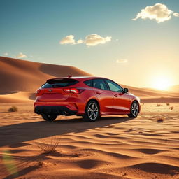 A Ford Focus Mk2 parked in a vast, golden desert landscape