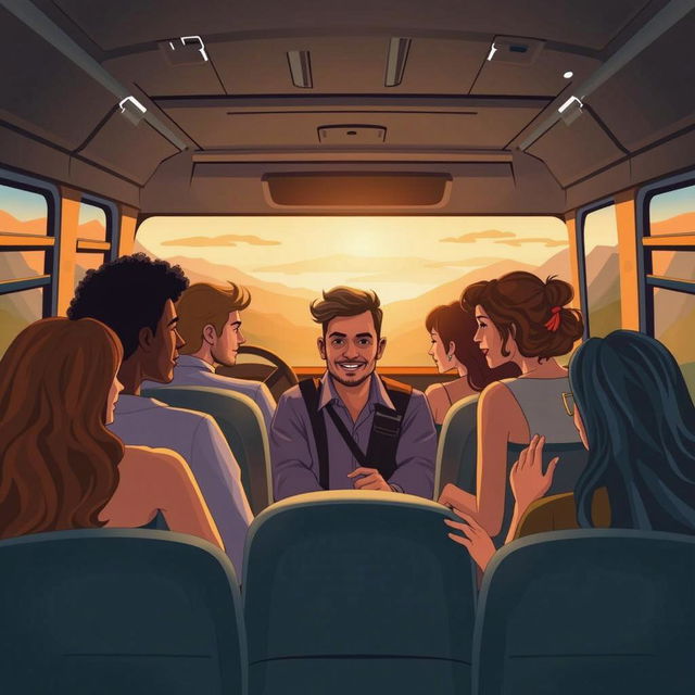 A contemporary romantic novel cover featuring a diverse group of six people sitting on a bus, engaging in lively conversations with a friendly bus driver