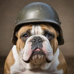 A ferocious bulldog wearing a World War II helmet, with a deep sense of intensity in its eyes.