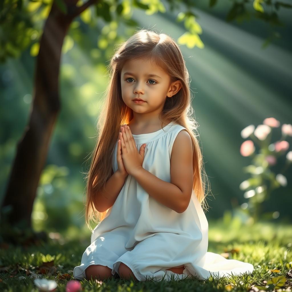 A young girl in a serene setting, kneeling and praying with her hands clasped together