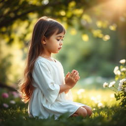 A young girl in a serene setting, kneeling and praying with her hands clasped together