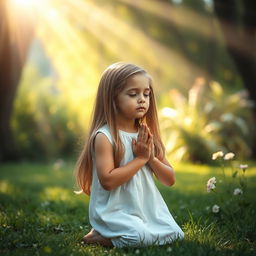 A young girl in a serene setting, kneeling and praying with her hands clasped together