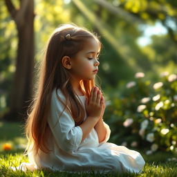 A young girl in a serene setting, kneeling and praying with her hands clasped together