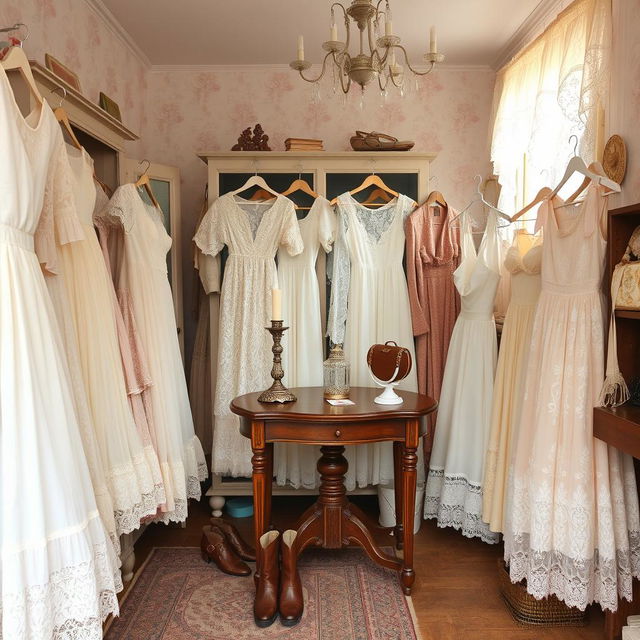 A vintage thrift shop scene filled with an array of beautiful lace dresses, Victorian style outfits, and coquette pastel-colored vintage tops and lace skirts